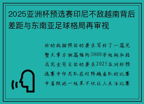 2025亚洲杯预选赛印尼不敌越南背后差距与东南亚足球格局再审视