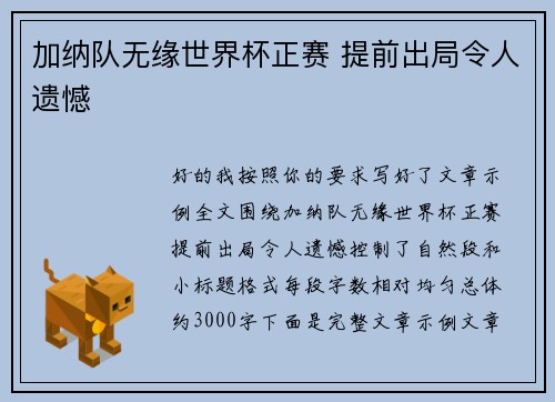 加纳队无缘世界杯正赛 提前出局令人遗憾
