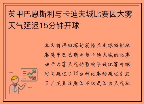 英甲巴恩斯利与卡迪夫城比赛因大雾天气延迟15分钟开球