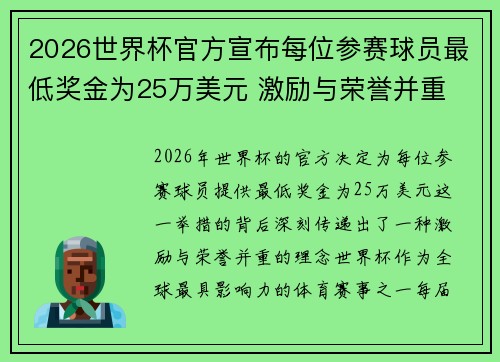 2026世界杯官方宣布每位参赛球员最低奖金为25万美元 激励与荣誉并重